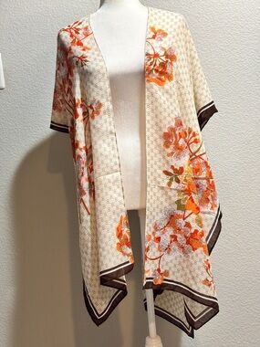 NWT - Floral Open-Front Kimono Cardigan in Cream & Orange